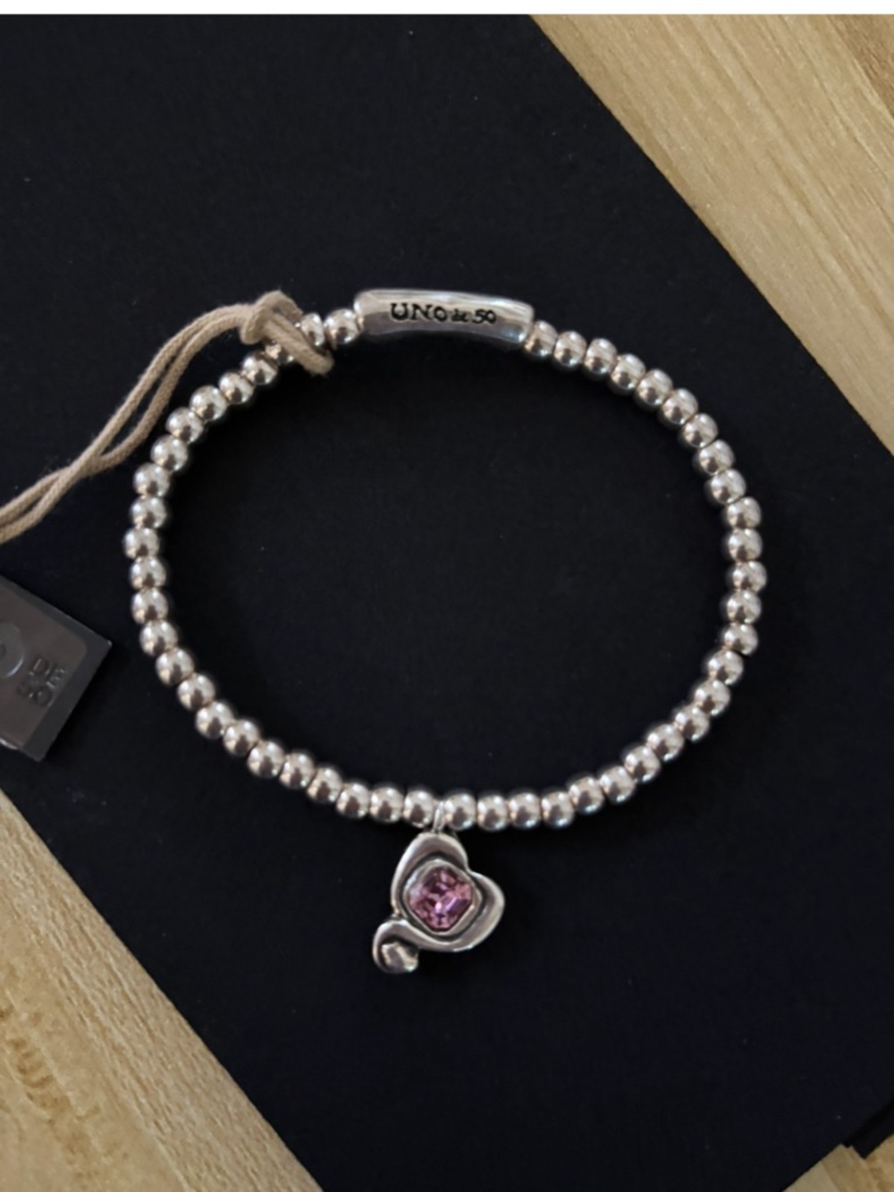 UNO de 50 Silver Beaded Bracelet with a  Crystal Heart Charm. New - Picture 4 of 6